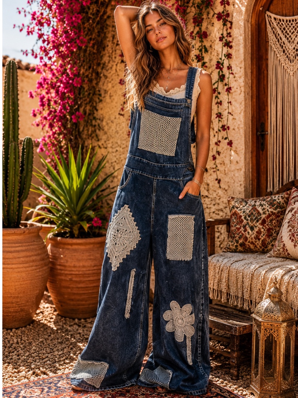 🆕 POL crochet patchwork wide-leg denim overalls. NWOT